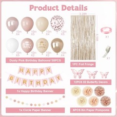 Boho Dusty Birthday Decorations for Women Girls, Blush Beige Gold Metallic Pink