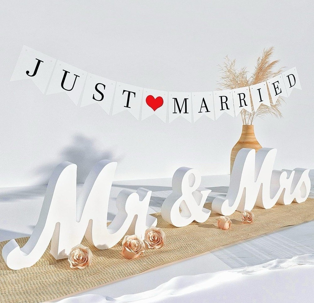 Large White Wooden Mr & Mrs Sign with Just Married Banner White Sweetheart Table