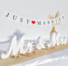 Large White Wooden Mr & Mrs Sign with Just Married Banner White Sweetheart Table