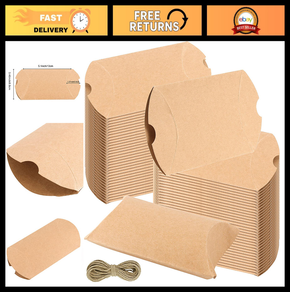 150 Pack Large Kraft Pillow Boxes 5×3.5″ with Jute Twine – Party Favor, Wedding,