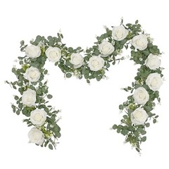 2Pcs 13Ft Artificial Eucalyptus Garlands with Flowers – 8 2 Pcs White Rose