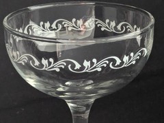 Vintage Bride & Groom Champagne Coupe Glasses Etched Scroll Wedding Toast Set