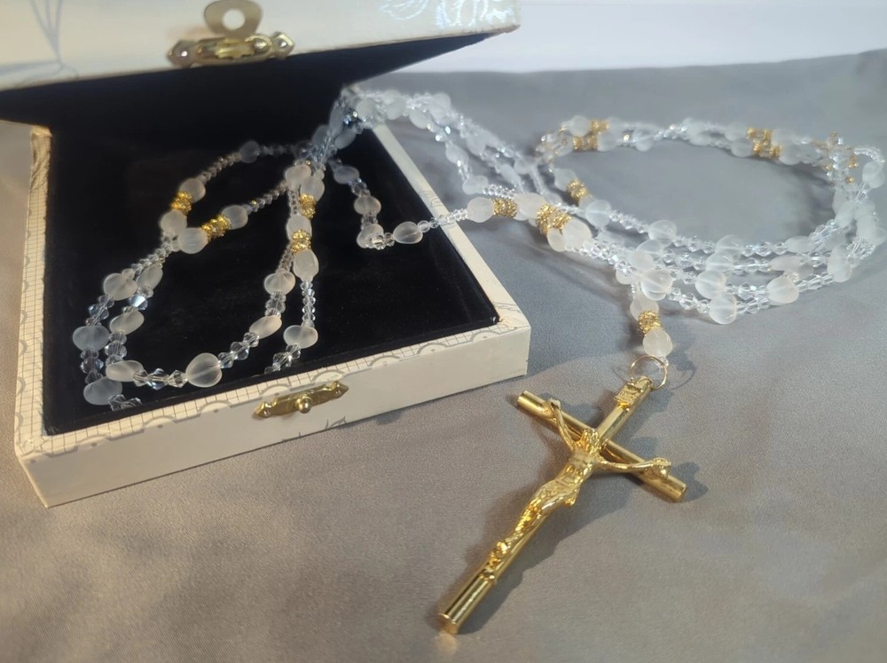 Vintage WEDDING LASSO~GLASS & ACRYLIC BEADS GOLD CROSS LAZO DE BODA~Religious