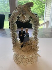 Vintage 1950s Wedding Anniversary Cake Topper Couple in Arch Bells Blue Dress