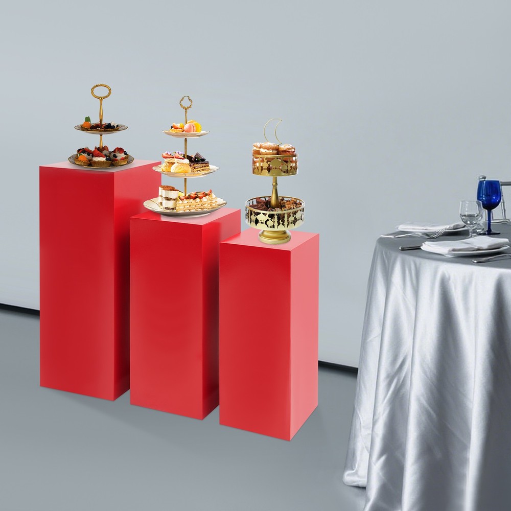 3-Piece Red Iron Cuboid Display Pedestal Stands Freestanding