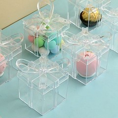 12 Clear 3″ Square Bow Top Design Favor Boxes Gift Holders Party Decorations