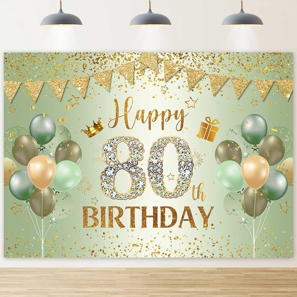 Happy 80th Birthday Backdrop for Women Men Sage Green Gold Balloons Photograp…