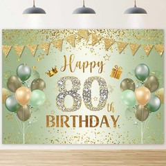 Happy 80th Birthday Backdrop for Women Men Sage Green Gold Balloons Photograp…