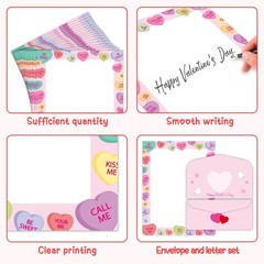 50 Pack Valentine’s Day Letterhead with Envelopes Love Heart Border Colorful