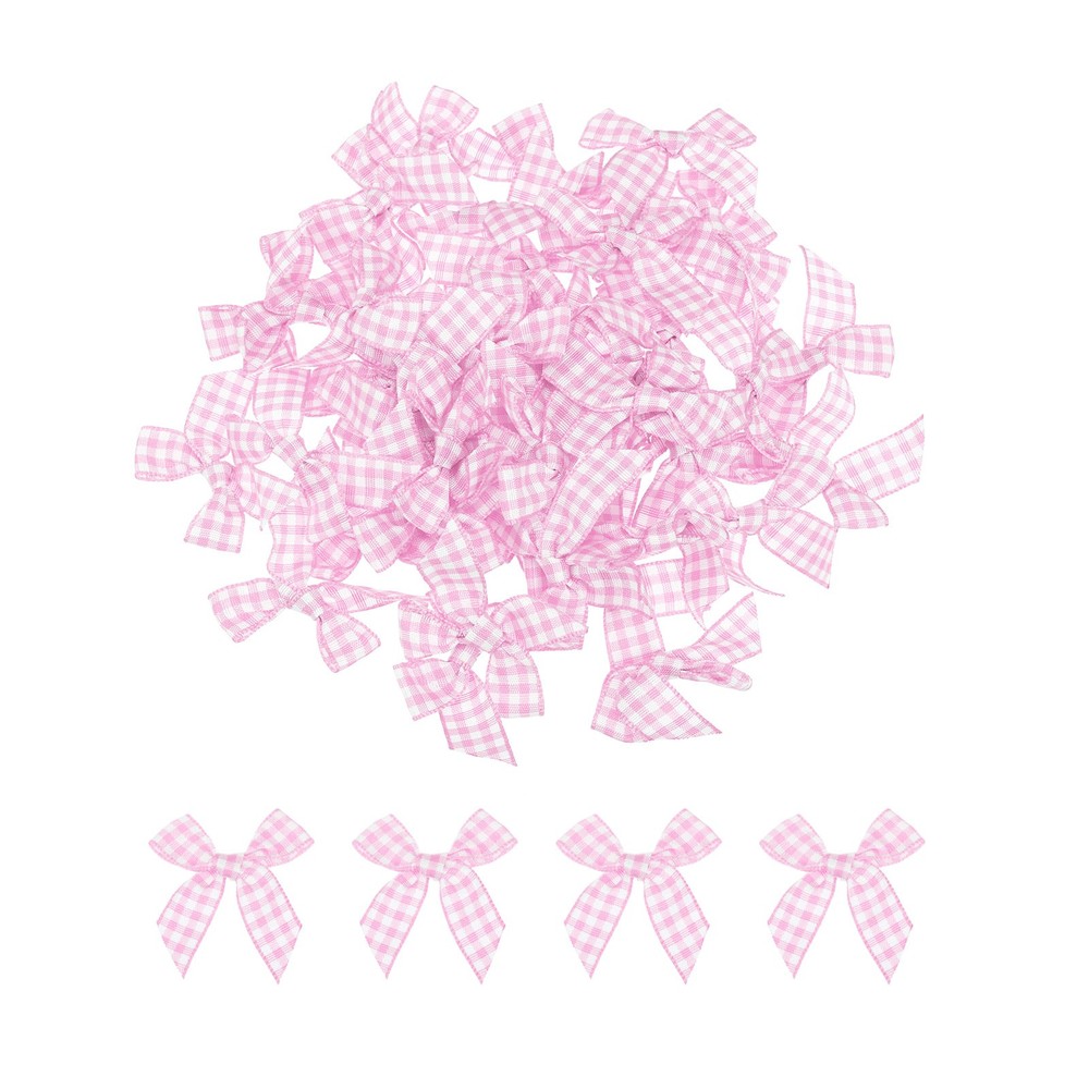 60Pcs Mini Gingham Ribbon Bow 1.5″ Checkered Fabric Satin Pink and White