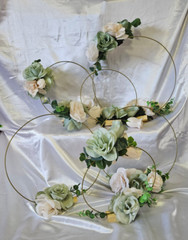 6 Pc Wedding Table Centerpieces, Green, Ivory, Round, Circle, Gold, Wood