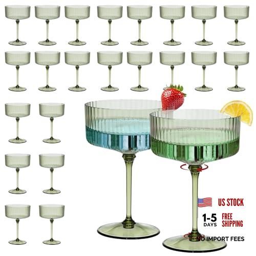 24Pcs Plastic Ribbed Martini Glasses – 10oz – Disposable – Champagne Green