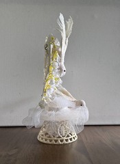 Vintage White Doves Heart Tulle Flowers Wedding Rings Cake Topper 11”