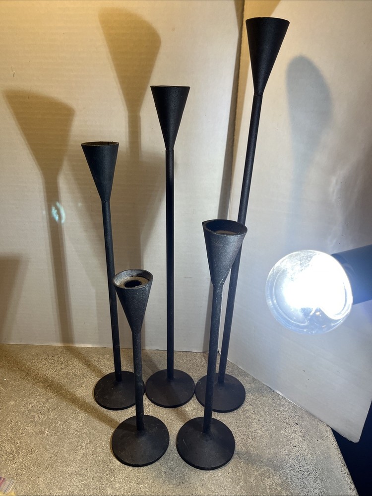 Black Cast Iron Candlesticks Set Of 5 24” 20.5” 17.5” 14.5” 11.5” 3.5” Base