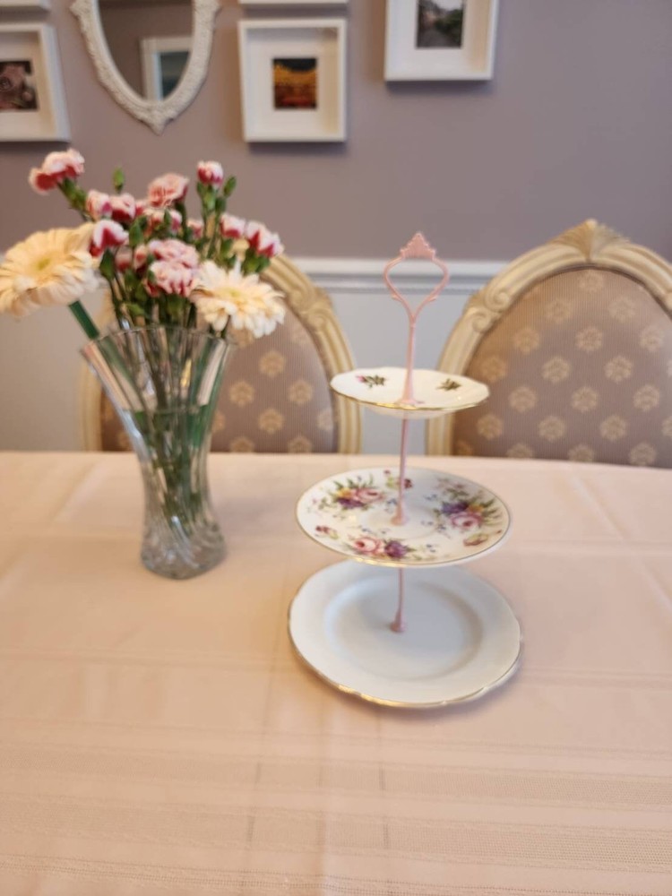 3 Tiered Tray Floral Roses on White Mismatched Pattern Gold Trim Pink Handle