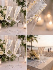 Decorated Champagne Flutes Set of 2 Clear Glass White/Yellow Floral 5 oz