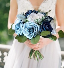 Dusty Blue Navy Rose Bridal Bouquet White Wedding Flowers Eucalyptus Bridesmaid