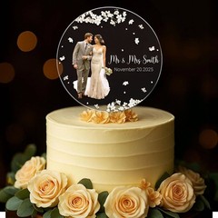 Custom Photo Wedding Cake Topper Rustic Acrylic Mr and Mrs Personalized Gift