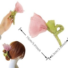 Fancy Sheer Tulip Flower Claw Clip for thin thick hair – Pastel Pink & Green