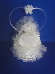New Elegant Wedding Caketop, white bell, shimmer white floral, heart back #251