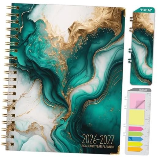 HARDCOVER Academic Year 2026-2027 Planner: 14 8.5″ x 11″ Teal Gold Marble