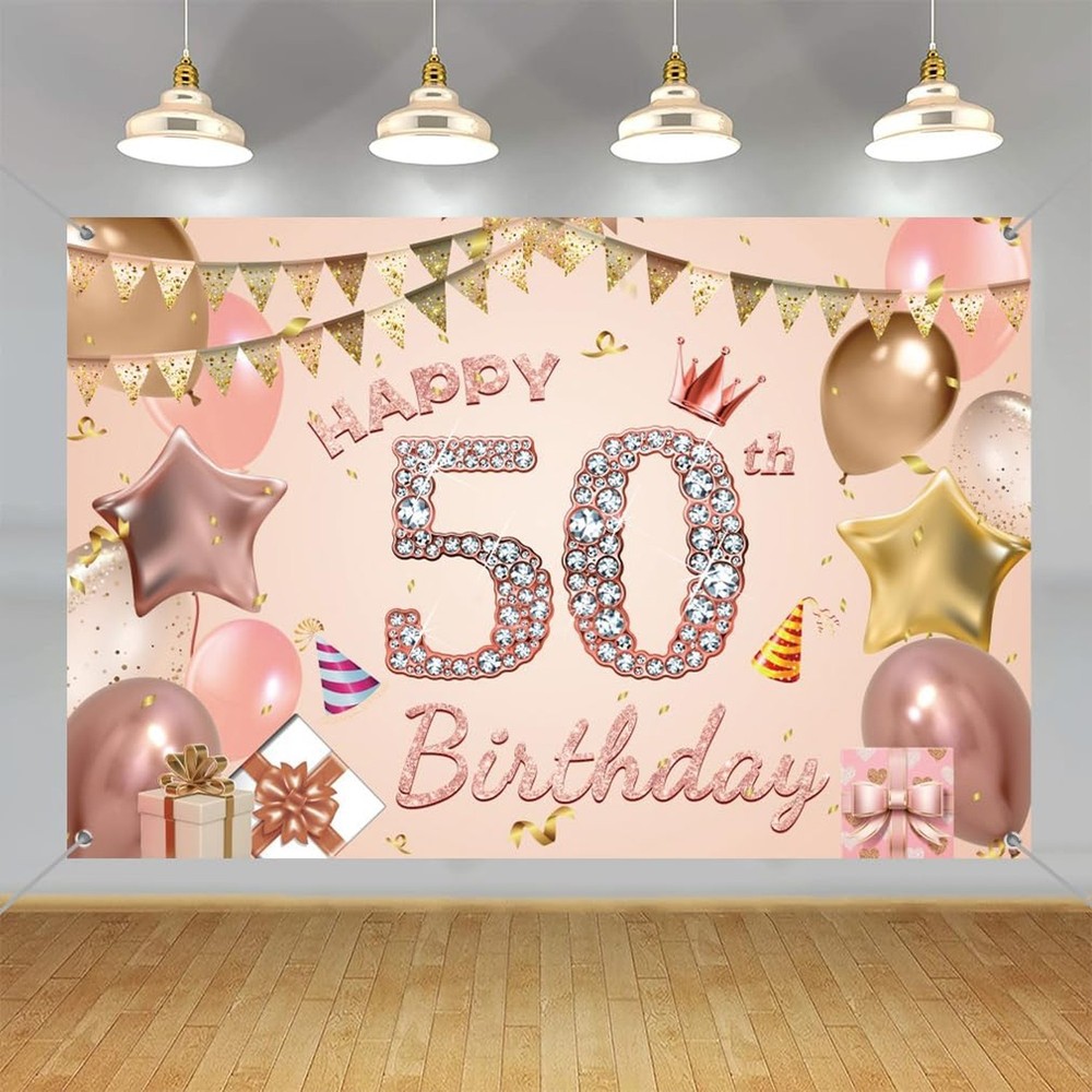 Happy 50th Birthday Decorations Backdrop Banner for Lady/Women Happy 50 Years…