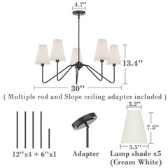 ;30″ Dia 5-Arm Classic Chandeliers Matt Black with White Black/White Shade
