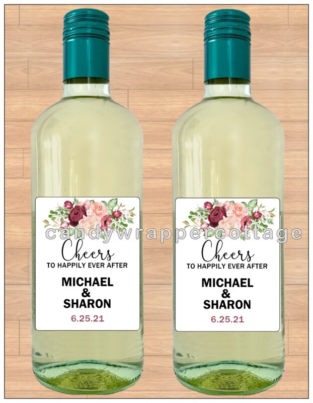 Wedding Wine Bottle Labels Personalized Waterproof Gloss Marsala and Blush Roses