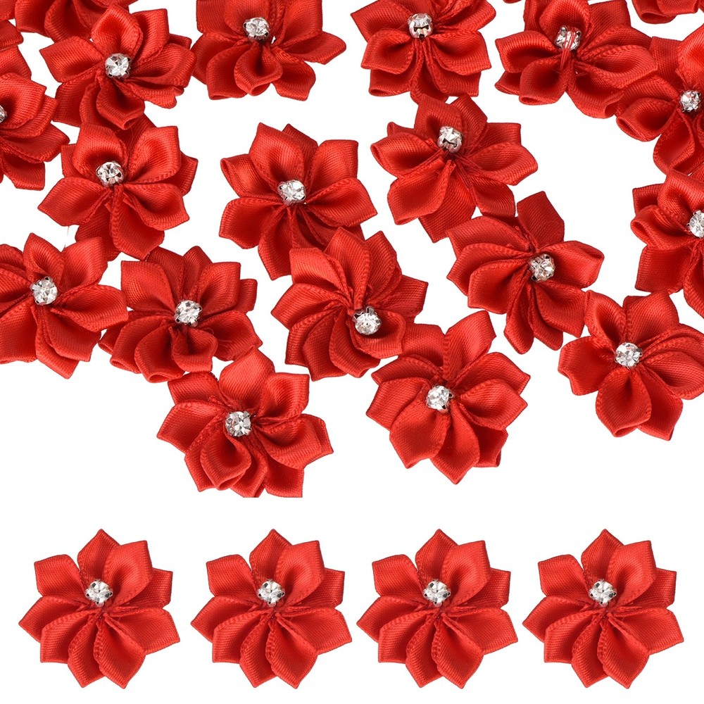 100 Pcs Ribbon Flowers, 1.2 in Fabric Flowers with Rhinestones, Scarlet