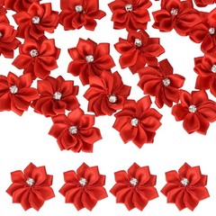 100 Pcs Ribbon Flowers, 1.2 in Fabric Flowers with Rhinestones, Scarlet