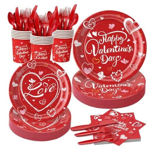 112PCS Valentine’s Day Heart Party Plates Supplies Love Heart Party Red