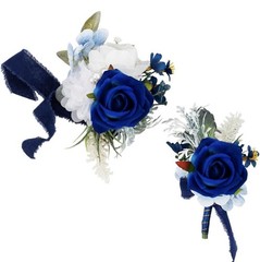 Blue White Corsage Boutonniere Set Prom Wedding Homecoming Artificial Rose