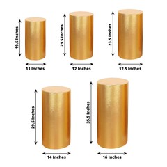 5 GOLD Fitted Metallic Spandex Cylinder Display STAND COVER Set Party Events