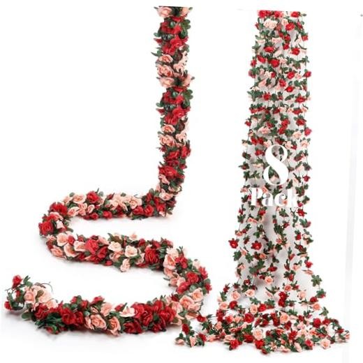 8Pcs 66FT Red Flower Garland – Orange Artificial Rose Floral Vines – Orange