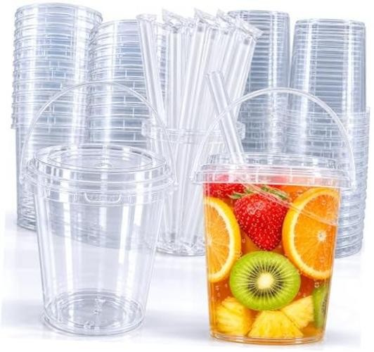 Drink Buckets with Lids and Straws, Reusable Clear Plastic Party 30 Sets 34 oz