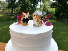 Owl Cake Top Bride Groom Love Wedding Engagement Carved Wood Statue Barn Horned