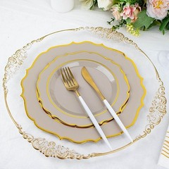 10.5″ Taupe Round Dinner Plates With Gold Scalloped Rim Wedding Tableware