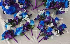 Wedding Bouquet Set, Purple, Blue, White, Roses, Orchids, 17 Piece Wedding Pkg