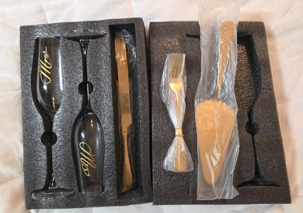 Champagne And Cake Service 6-Piece Wedding Set For Bride & Groom, Brand New