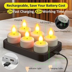 Yme Rechargeable Tea Lights with Remote Timer and Charging Base, 6 Pack LED