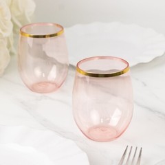 12 pcs 14 oz BLUSH with GOLD Rim Stemless Plastic Wine Glasses Party Supplies