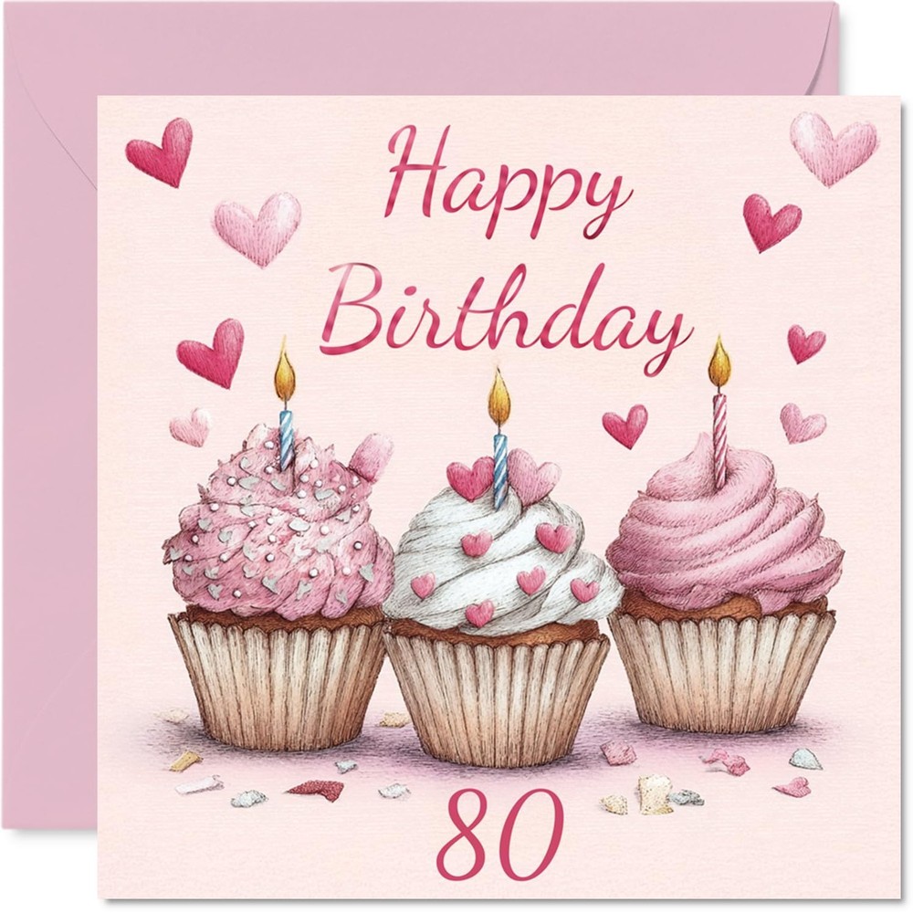 Stuff4 80th Birthday Cards for Men Women – Pink Cupcakes – Happy Birthday Car…