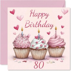 Stuff4 80th Birthday Cards for Men Women – Pink Cupcakes – Happy Birthday Car…