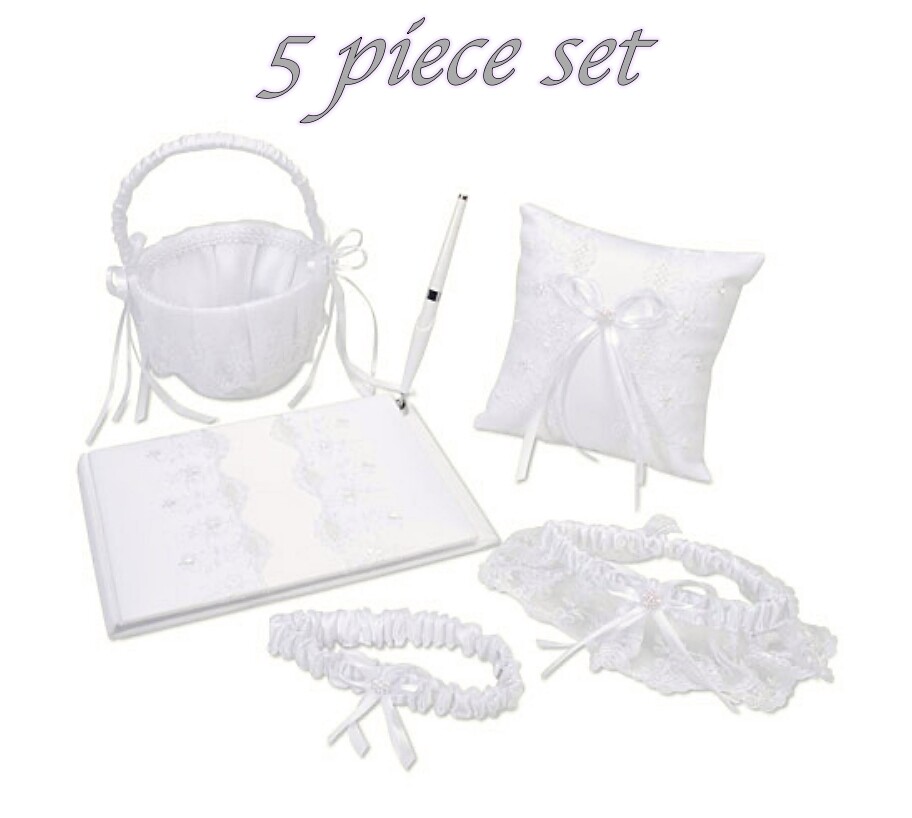 VICTORIA LYNN WHITE LACE 5 pc BRIDAL SET – GUEST BOOK, BASKET, PILLOW, 2 GARTERS