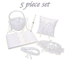 VICTORIA LYNN WHITE LACE 5 pc BRIDAL SET – GUEST BOOK, BASKET, PILLOW, 2 GARTERS