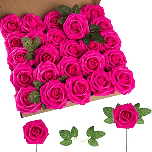 Artificial Flower Foam Rose 25pcs Real Looking Fake Rose with Stems Hot Pink