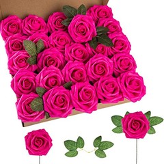 Artificial Flower Foam Rose 25pcs Real Looking Fake Rose with Stems Hot Pink