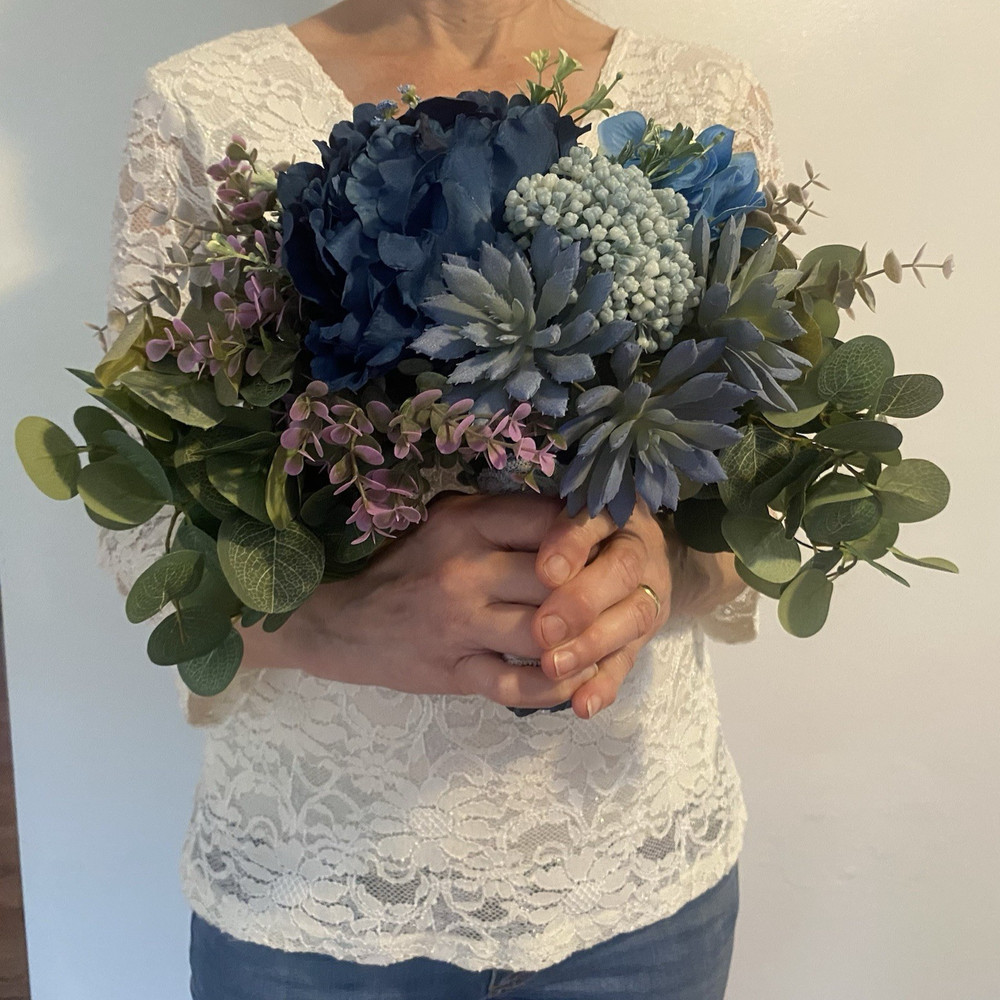 Bridal Wedding Bouquet Budget Friendly Handmade Faux Florals Blue Purple Green
