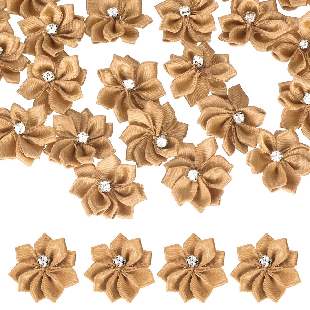 100 Pcs Ribbon Flowers, 1.2 in Fabric Flowers with Rhinestones, Bronze