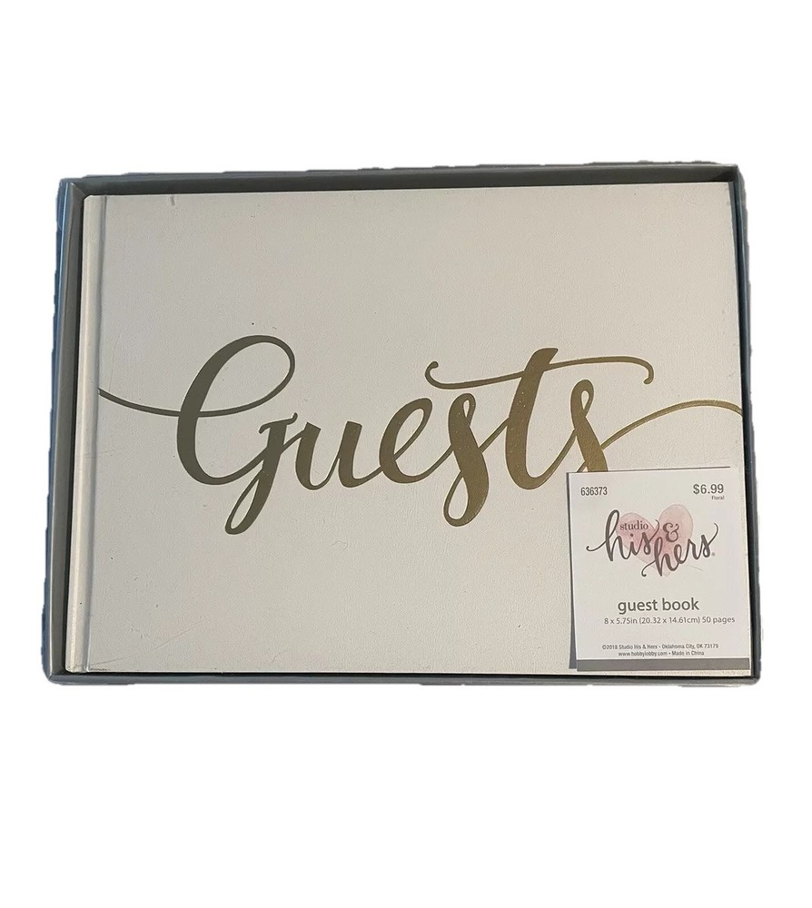 NEW! Studio His & Hers White Guest Book Gold Letters 8X5.75in 50page